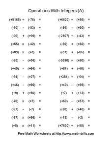 Operations with Integers (A) Worksheet for 6th - 7th Grade ...