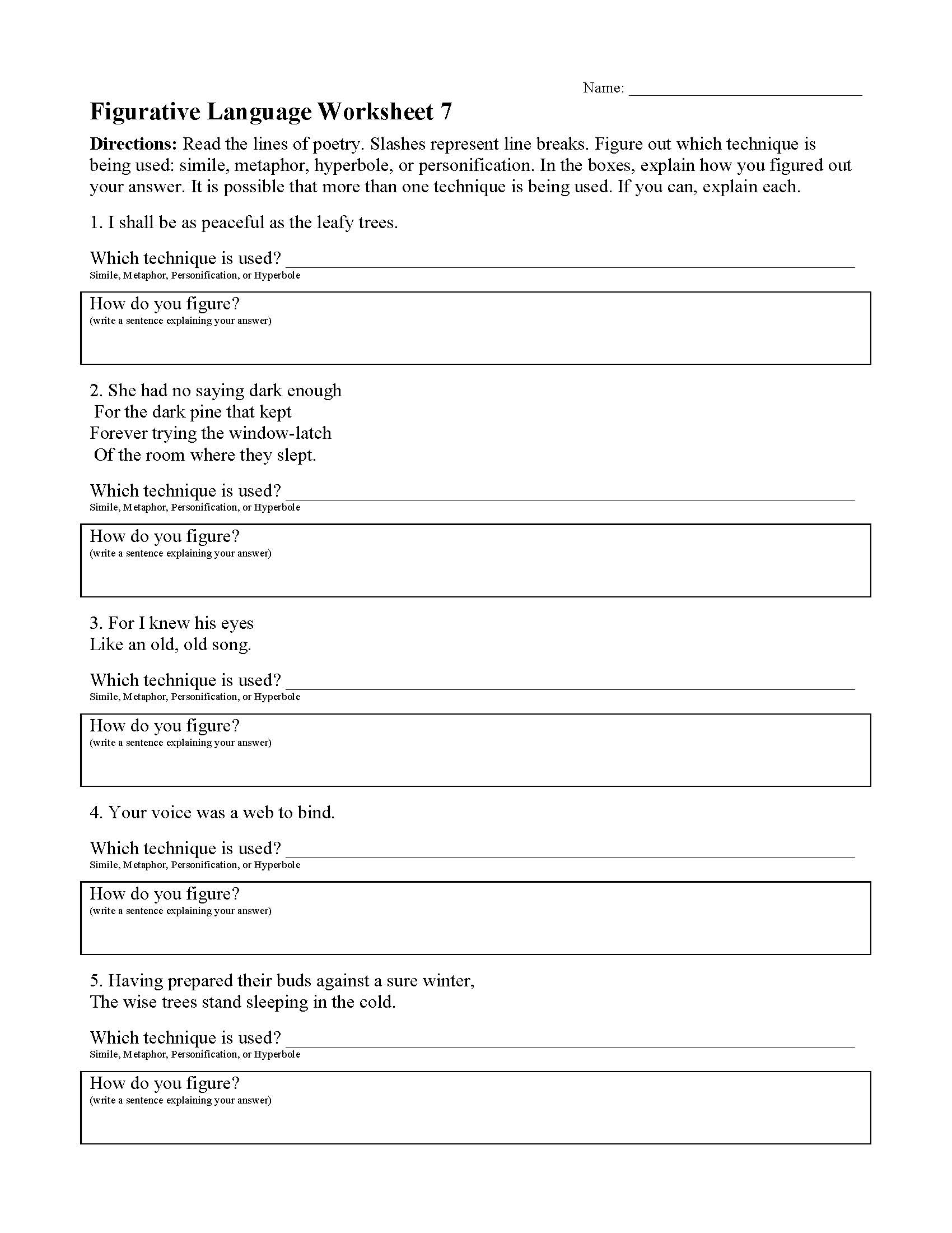 Figurative Language Worksheet 7 | Reading Activity