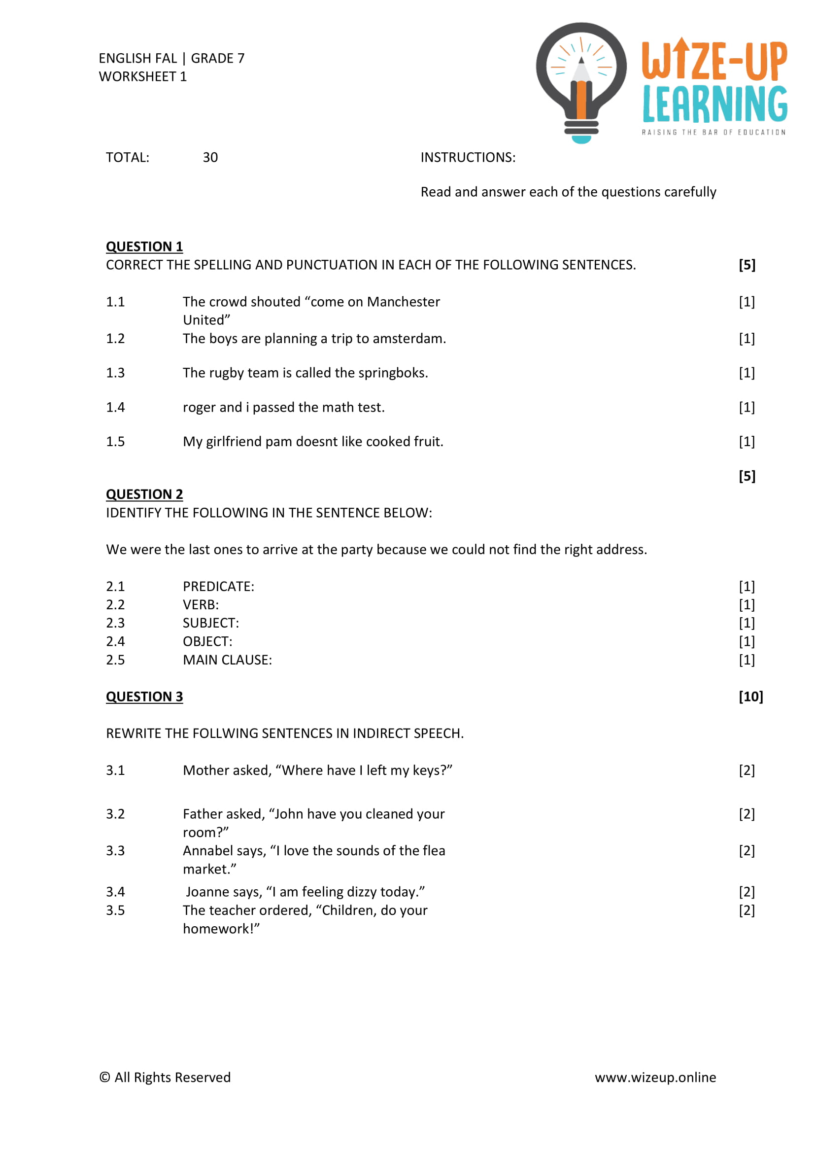 Grade 7 English FAL Term 3 Language Worksheet 1 • Teacha!