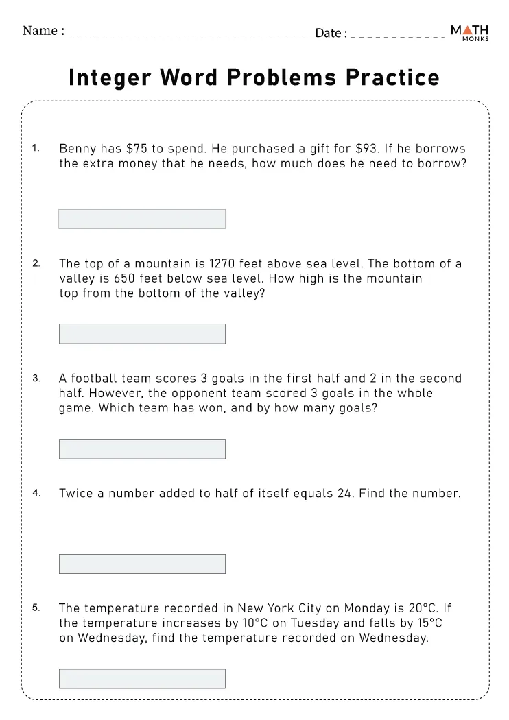 Integer Word Problems Worksheets - Math Monks
