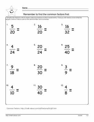 9 Worksheets on Simplifying Fractions for 6th Graders