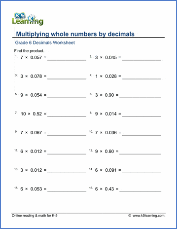 Grade 6 Math Worksheets: Multiplication of whole numbers by ...
