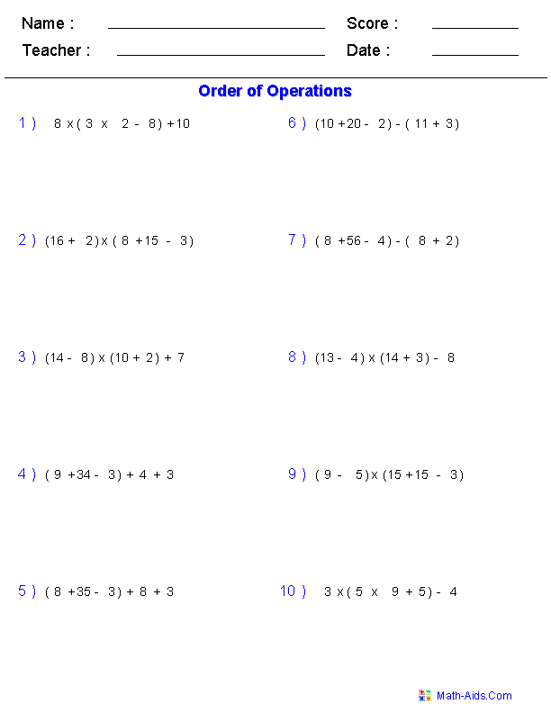 Order of Operations Worksheets | Order of Operations Worksheets ...