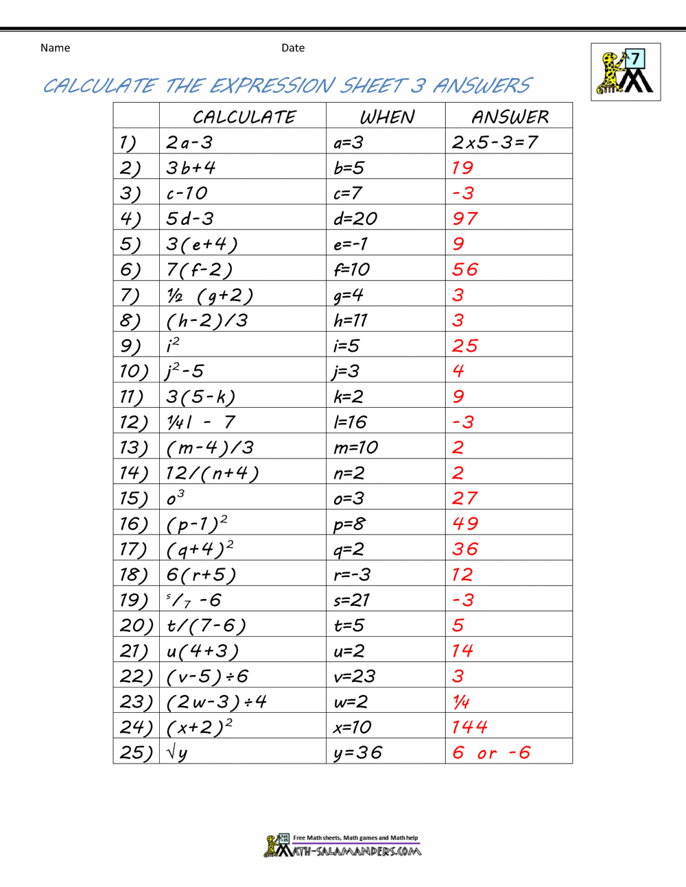7th grade math worksheet with answers