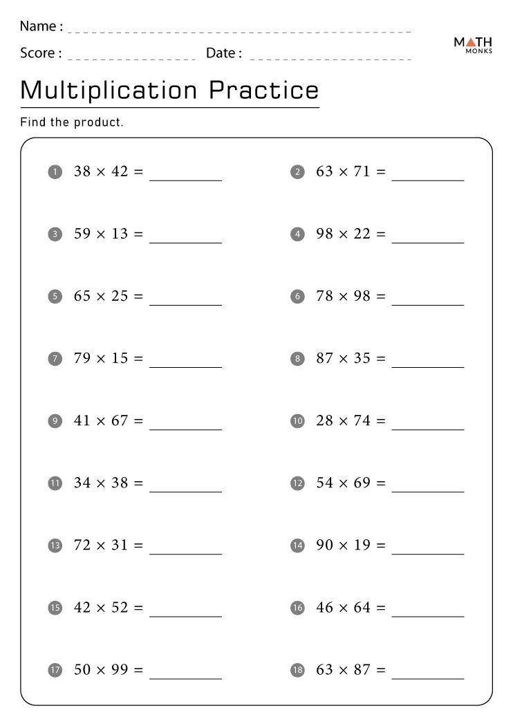 7th Grade Multiplication Worksheets with Answer Key