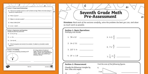 Seventh Grade Math Pre-Assessment (teacher made) - Twinkl