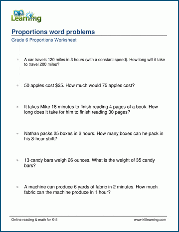 Grade 6 Math Worksheet: Proportions word problems | Worsheets library