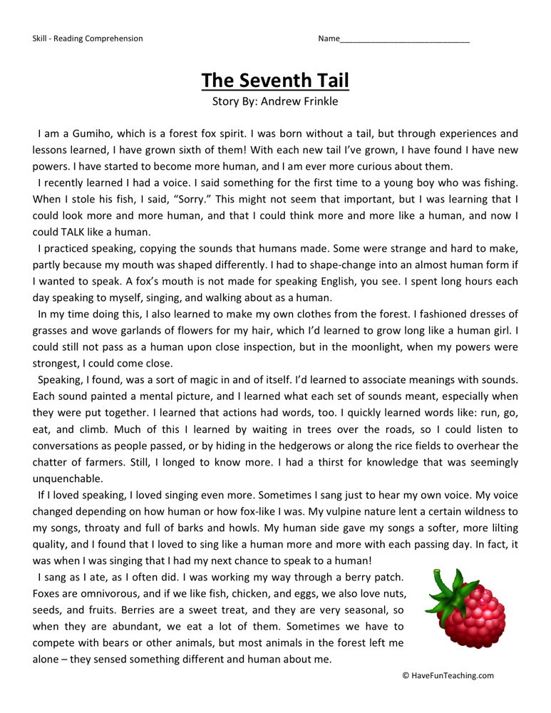 Reading Comprehension Worksheet - The Seventh Tail