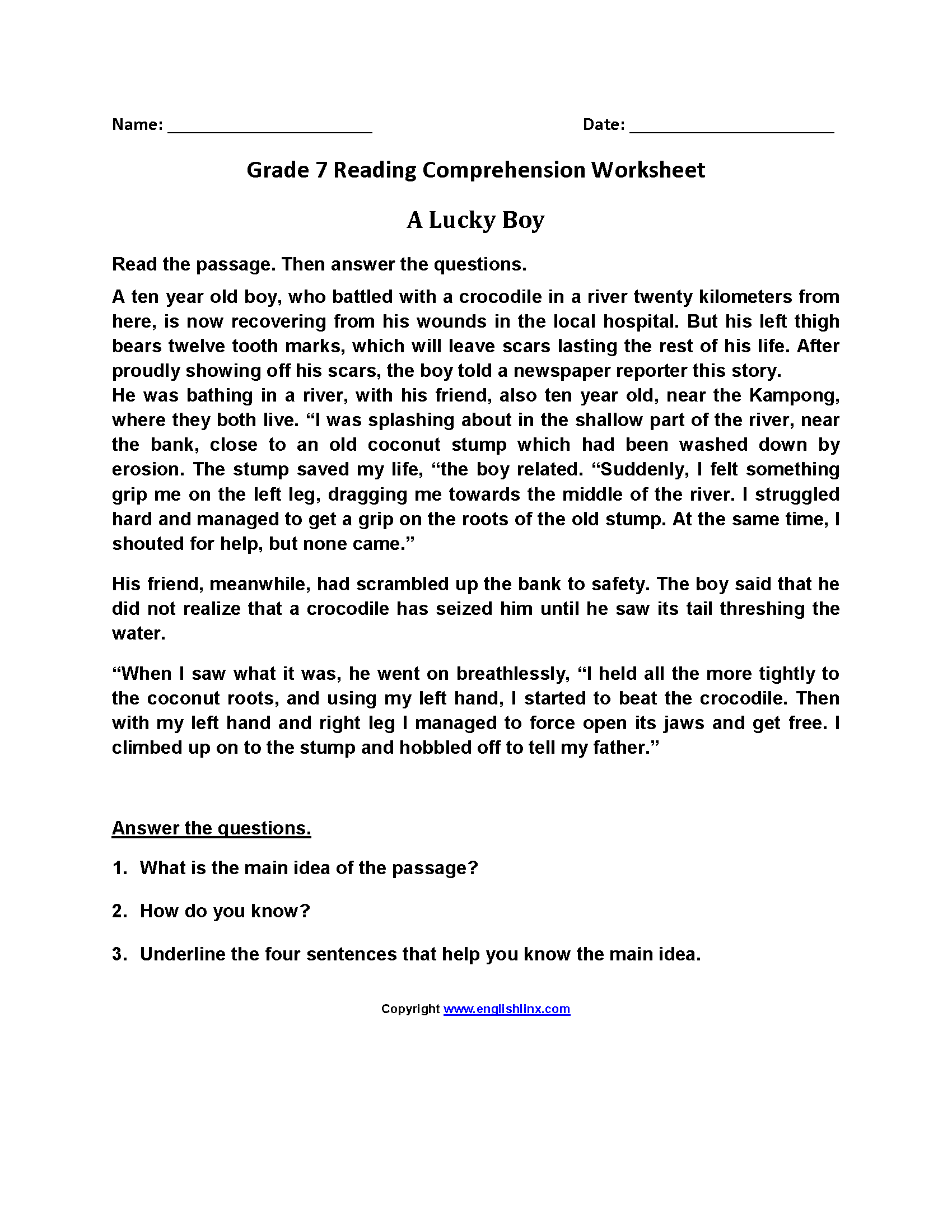 7th grade reading worksheet free printable
