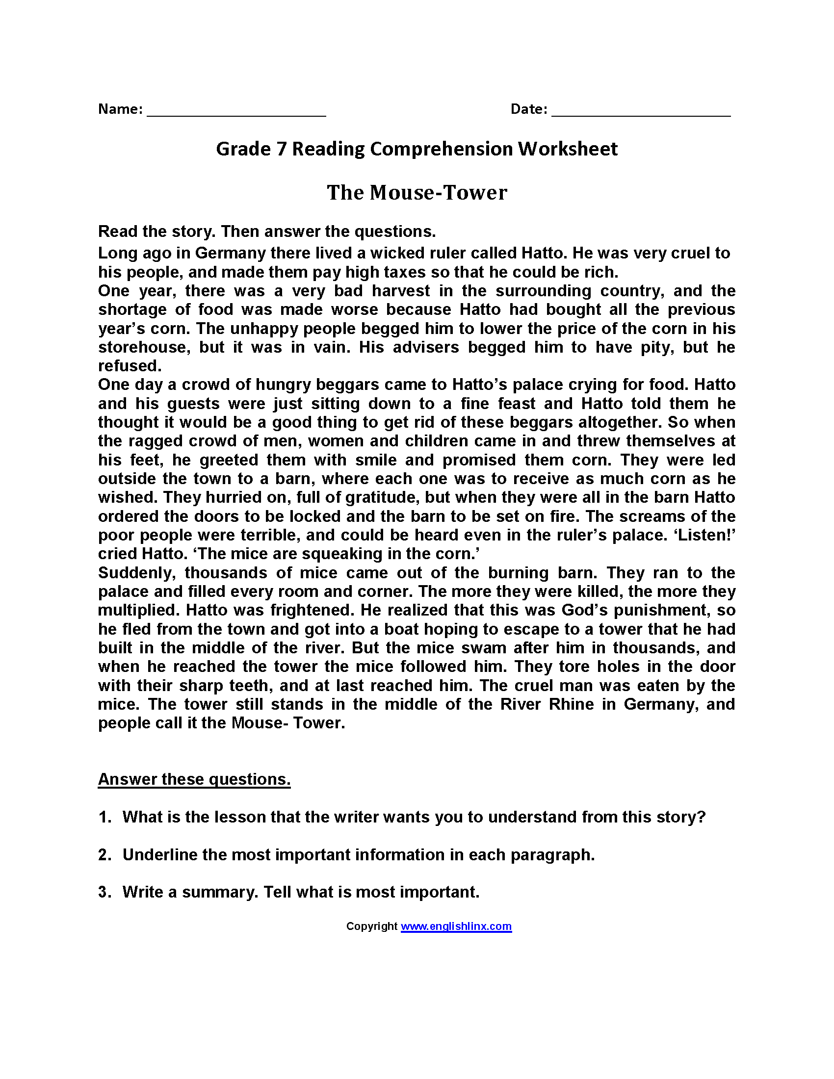 Reading Worksheets | Seventh Grade Reading Worksheets
