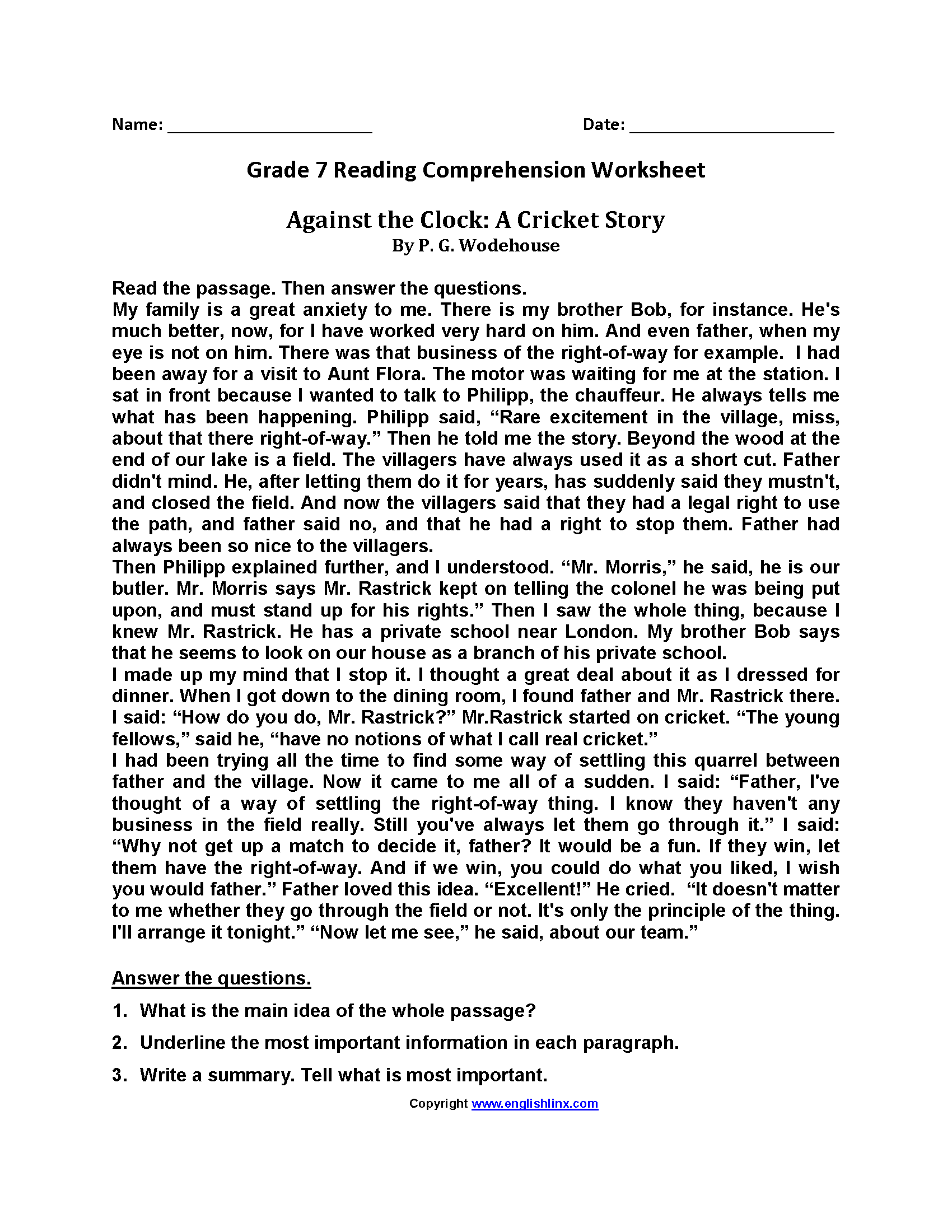 Reading Worksheets | Seventh Grade Reading Worksheets