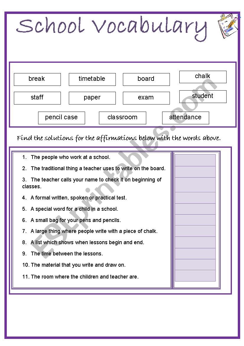 School vocabulary for 7th grade - ESL worksheet by MMCV