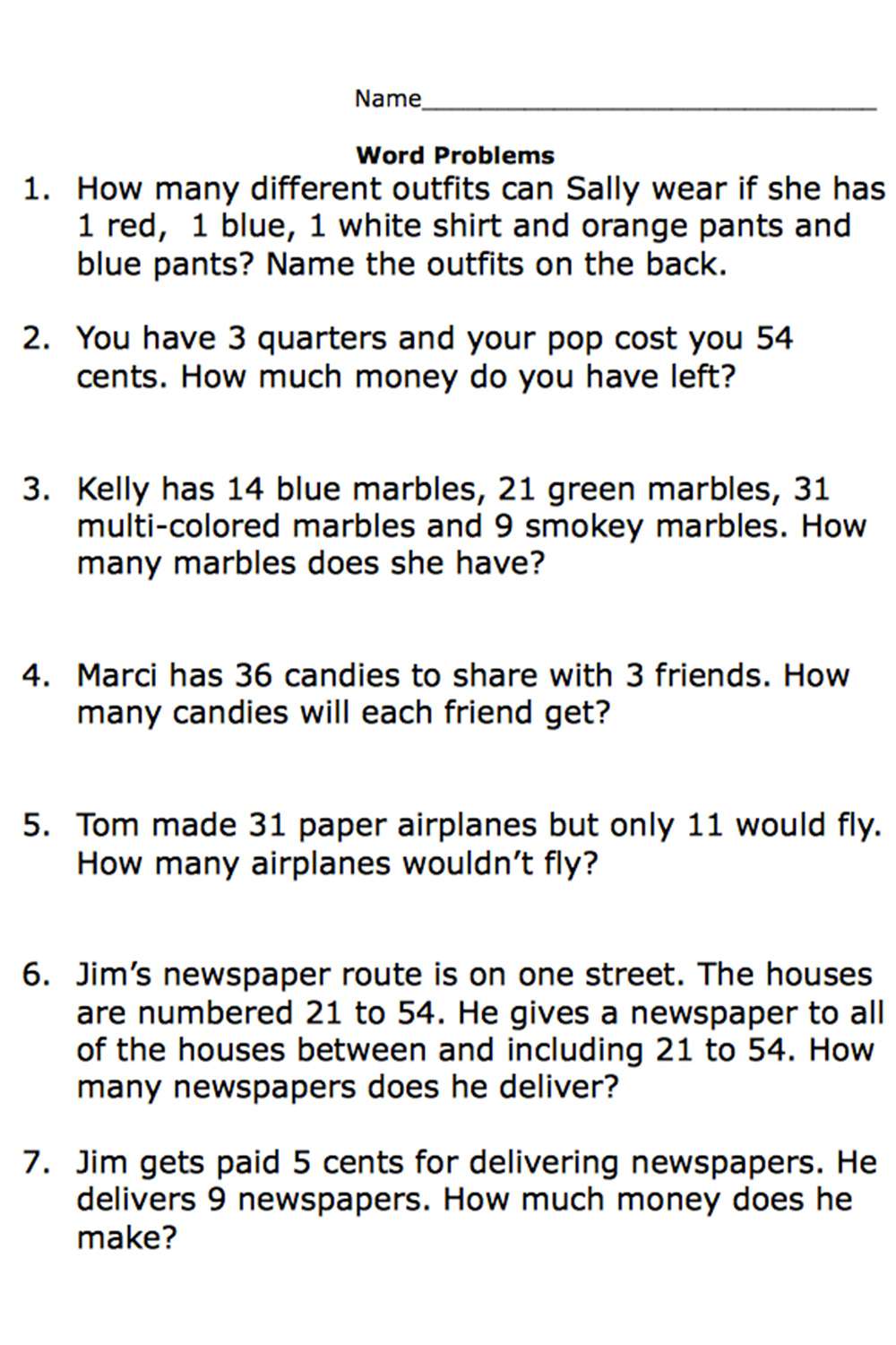 7th grade word problems worksheet