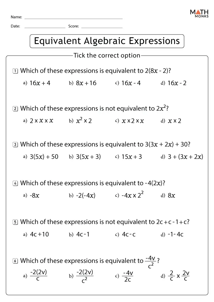7th Grade Algebraic Expressions Worksheets - Math Monks