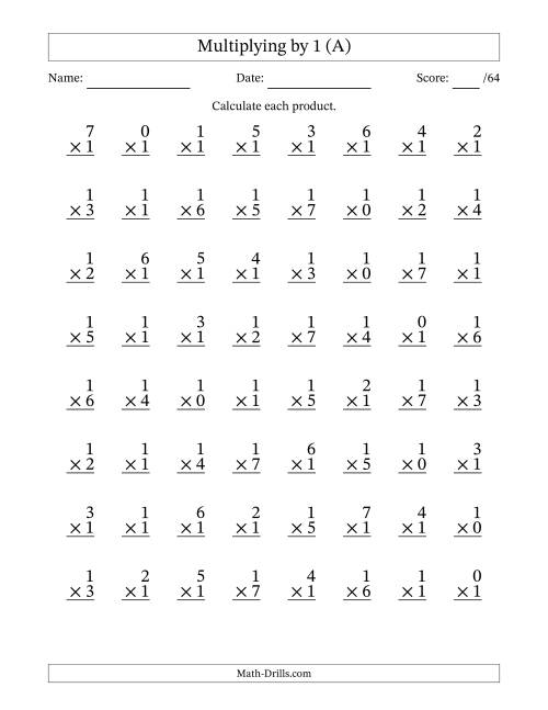 Multiplying (0 to 7) by 1 (64 Questions) (A)