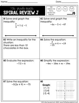 7th Grade Math Spiral Review Worksheets - To The Square Inch