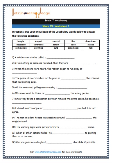 Grade 7: Vocabulary Worksheets Week 15 - Lets Share Knowledge