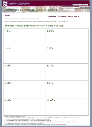 Description/Download - Worksheet #22703. CCSS.Math.Content.8.EE.A.1