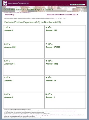 Answer Key Download - Worksheet #22786. CCSS.Math.Content.8.EE.A.1