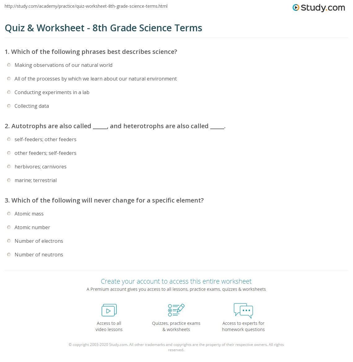 Quiz &  Worksheet - 8th Grade Science Terms | Study.com