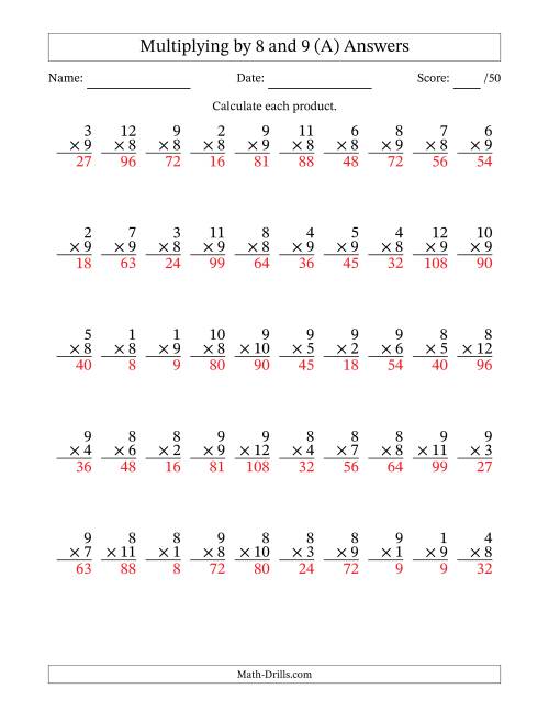 Multiplying (1 to 12) by 8 and 9 (50 Questions) (A)