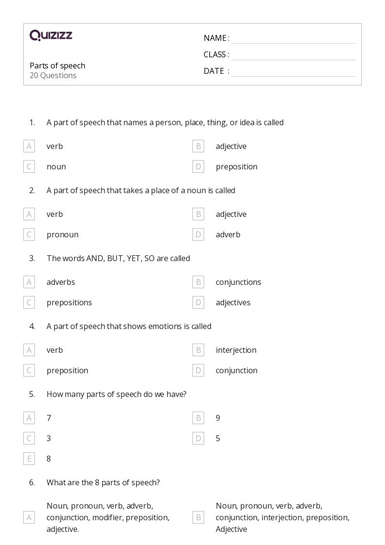 8 parts of speech printables