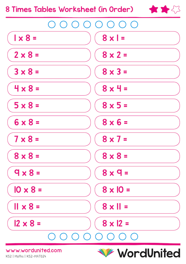 8 Times Tables Worksheets (in Order and Random) - WordUnited