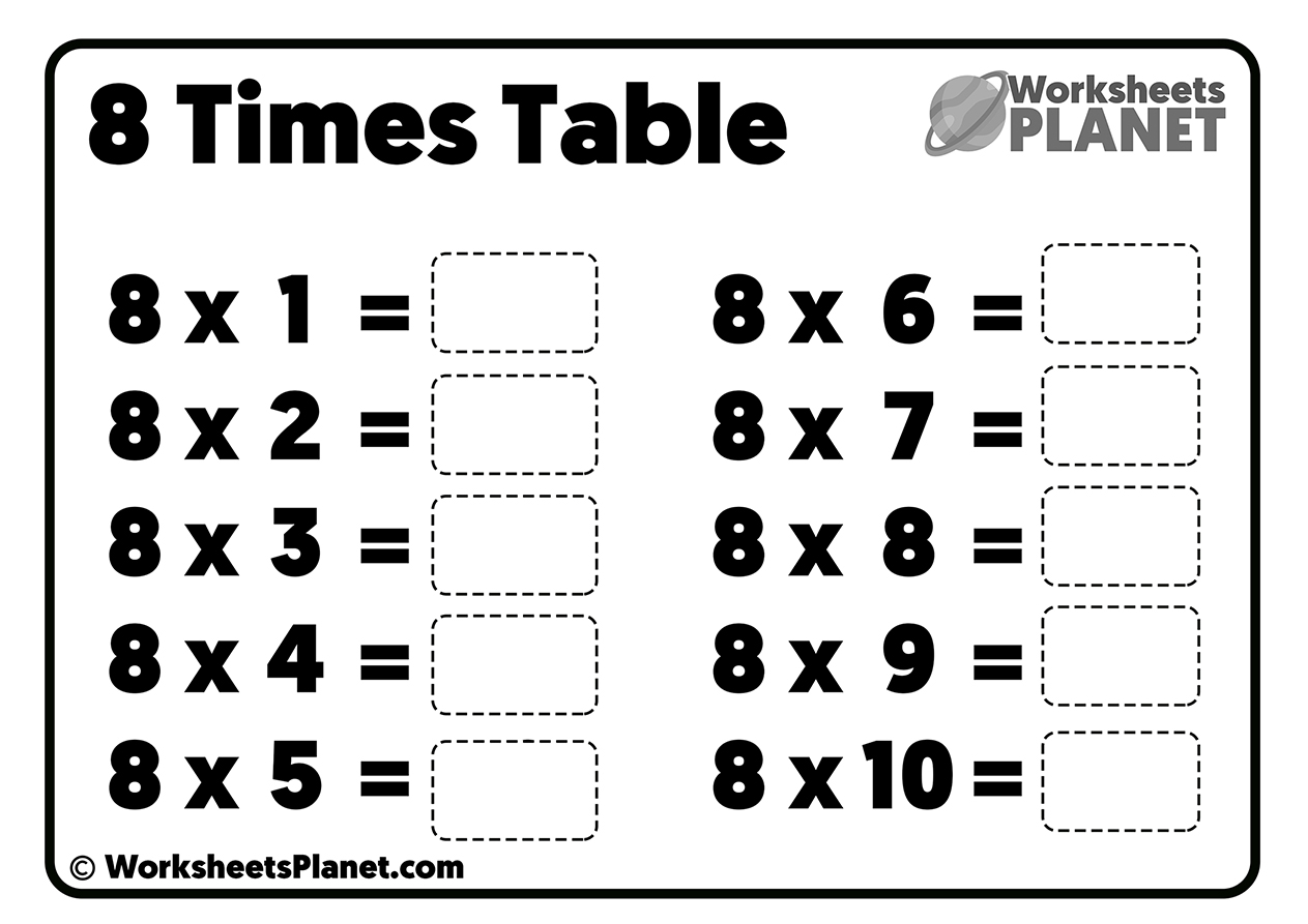 8 times tables worksheet