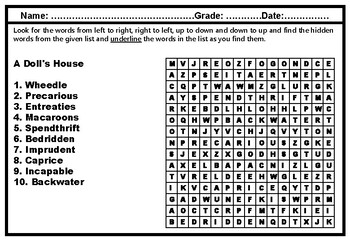 9th Grade Literature, Word Search Worksheets, No Prep Sub Plan