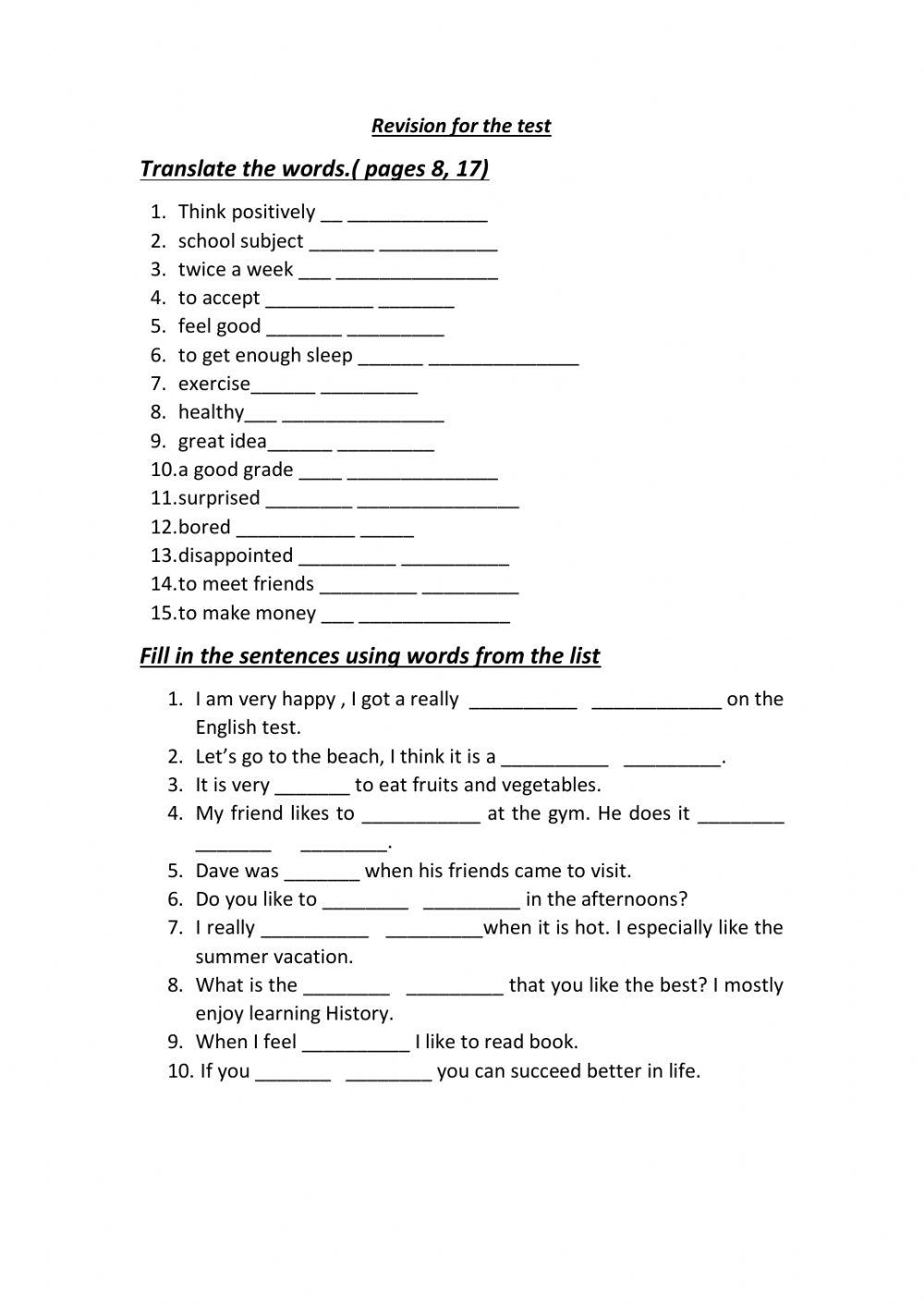 Revision-9th grade worksheet  