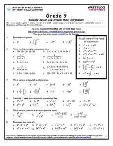 Number Sense and Numeration: Exponents Worksheet for 8th - 10th ...