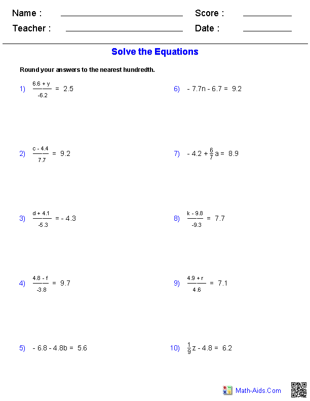 8th grade math equations worksheet