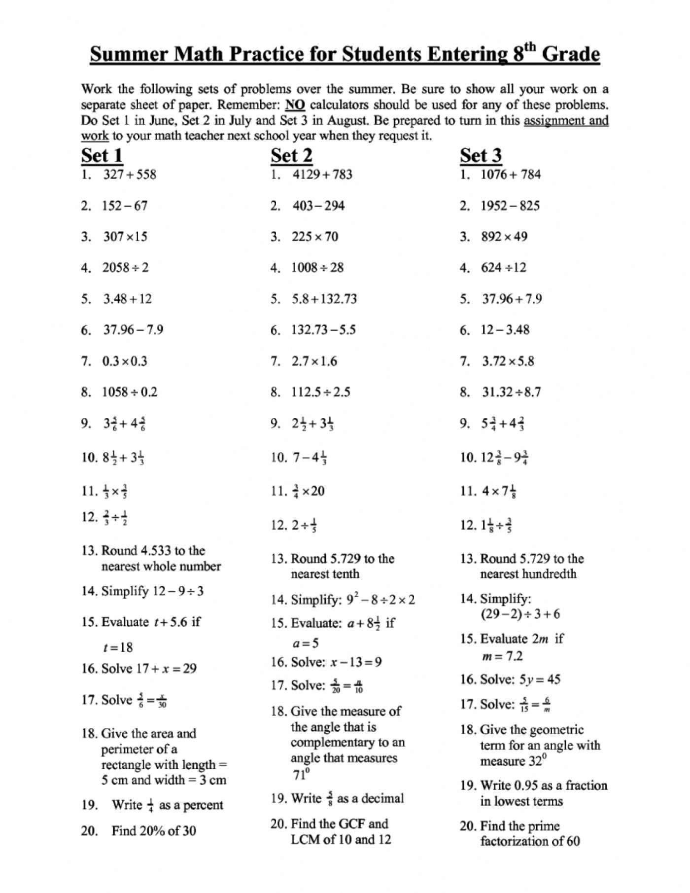 8th grade math practice worksheet with answers
