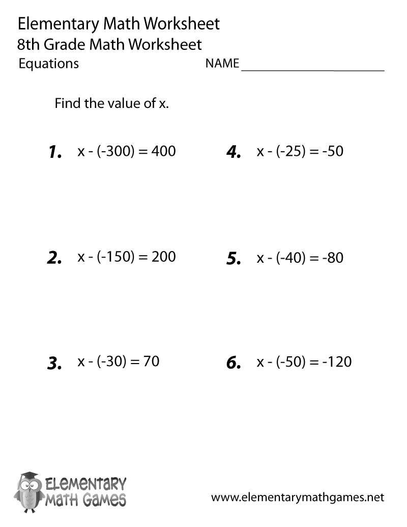 Free Printable Equations Worksheet for Eighth Grade