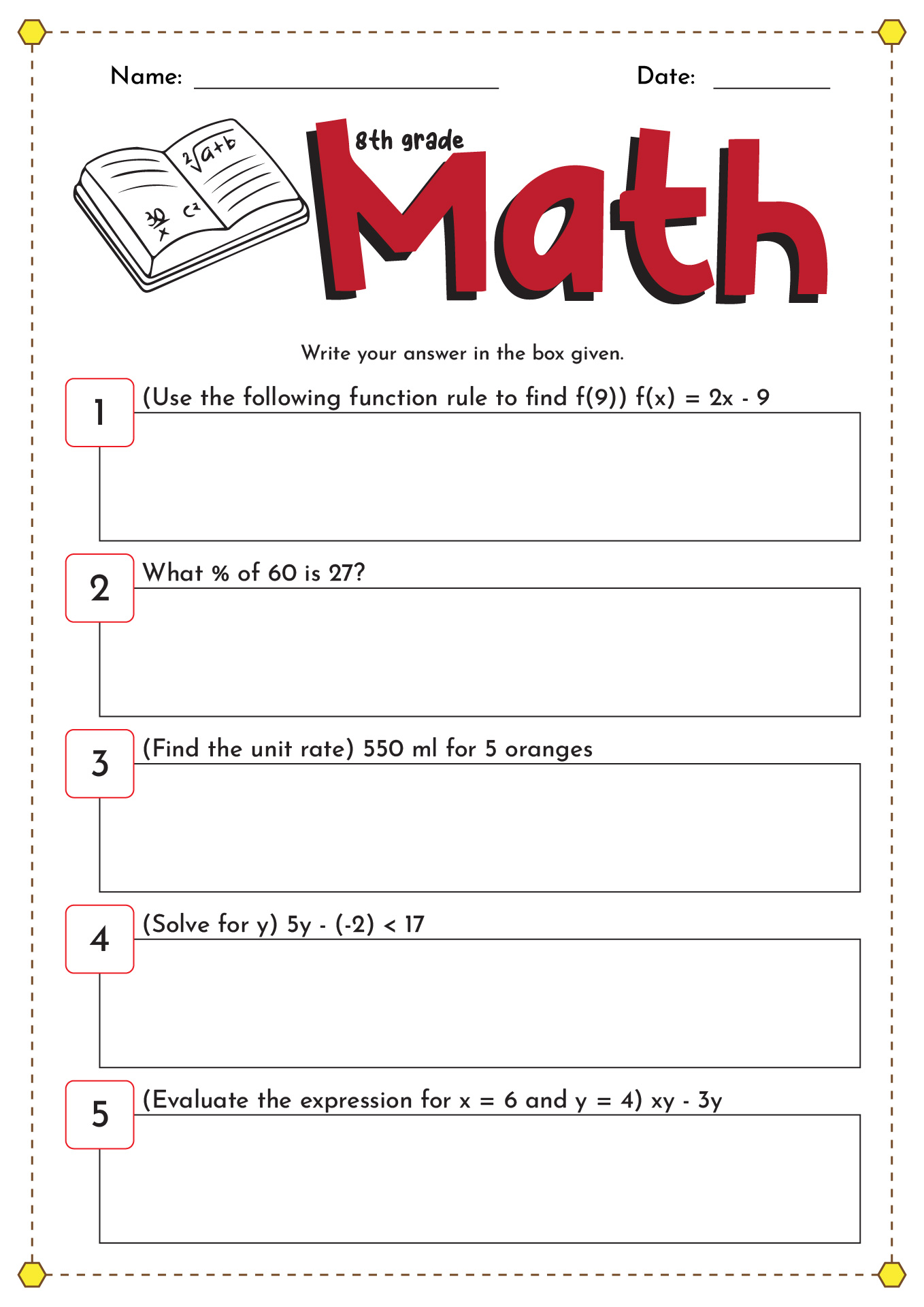 8th grade math worksheet pdf