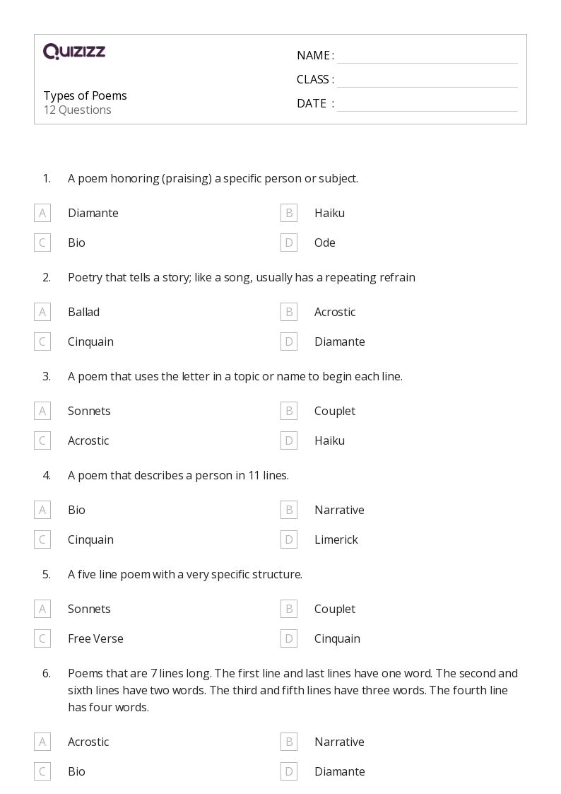 8th grade poetry worksheet