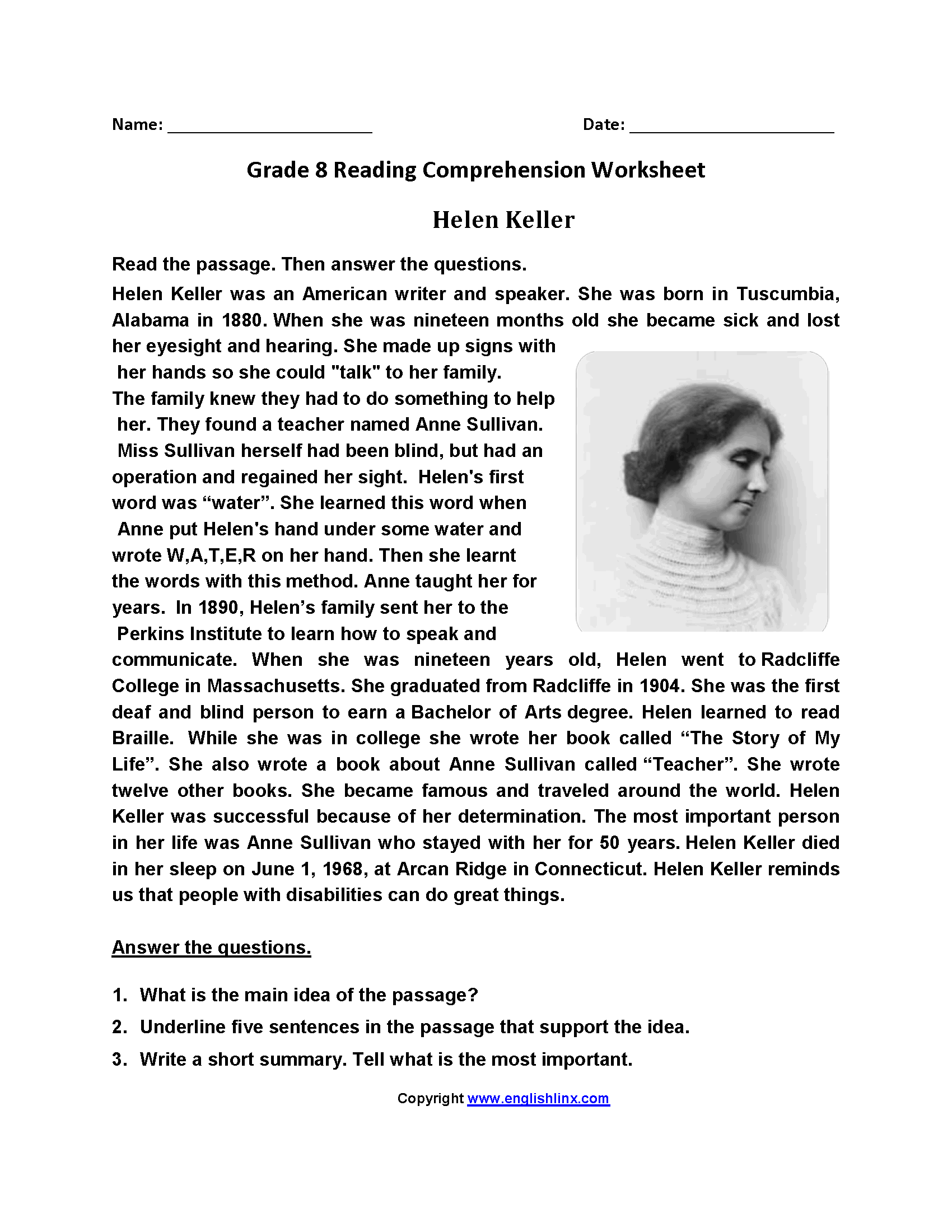 Reading Worksheets | Eighth Grade Reading Worksheets