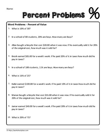 Percent Word Problems 8 Worksheets