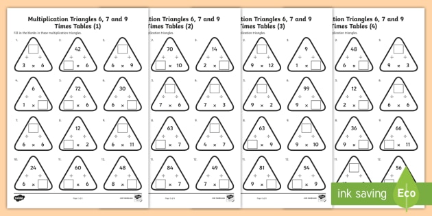 Year 4 Multiplication Triangles 6, 7 and 9 Times Tables Worksheets