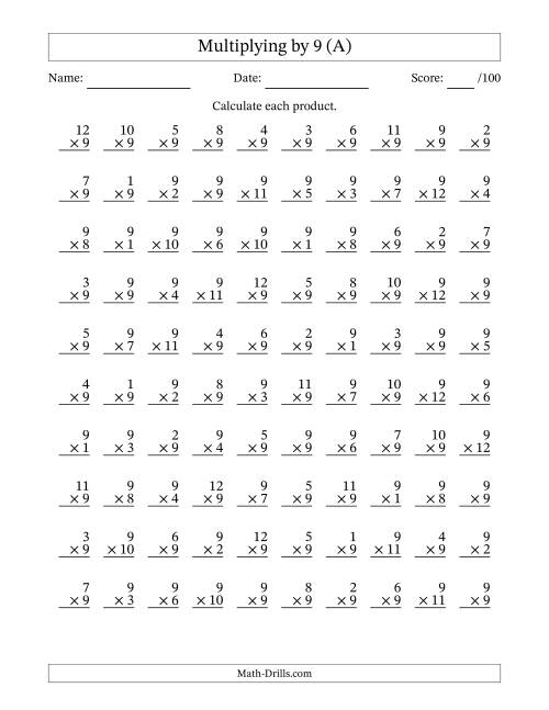 Multiplying (1 to 12) by 9 (100 Questions) (A)