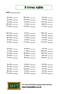9 times table worksheet