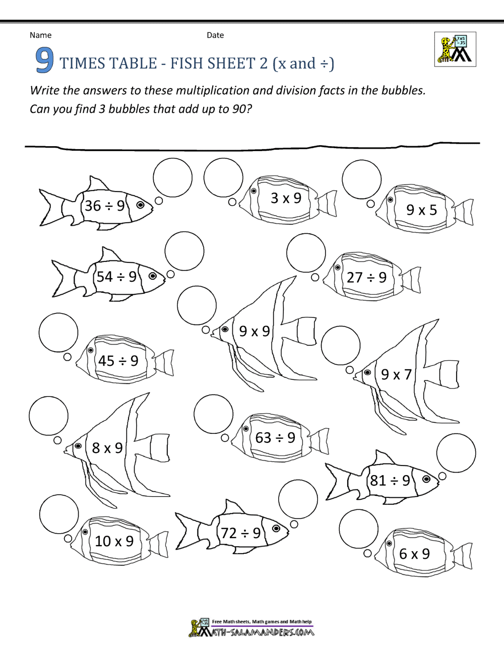 Maths Times Tables Worksheets - 9 Times Table