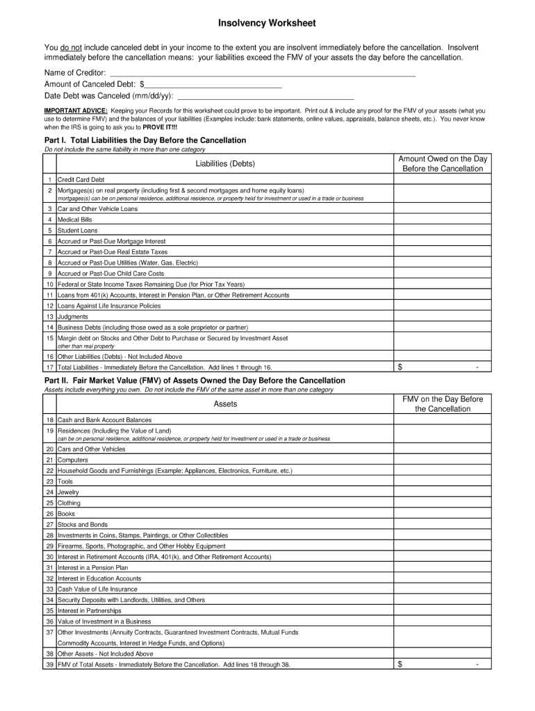 Insolvency Worksheet - Fill Online, Printable, Fillable, Blank ...