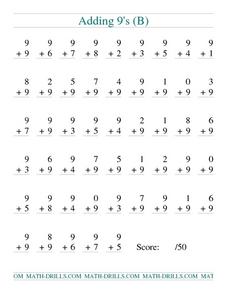Adding 9s (B) Worksheet for 1st - 2nd Grade | Lesson Planet