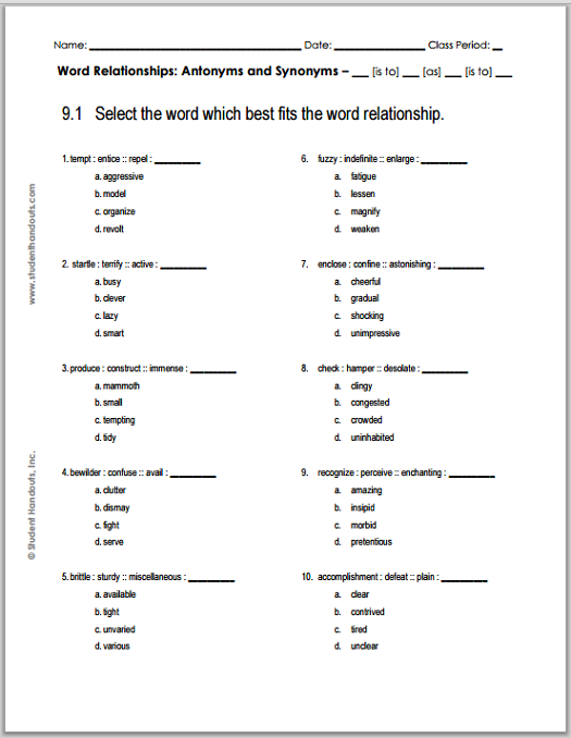 9th grade ela worksheet