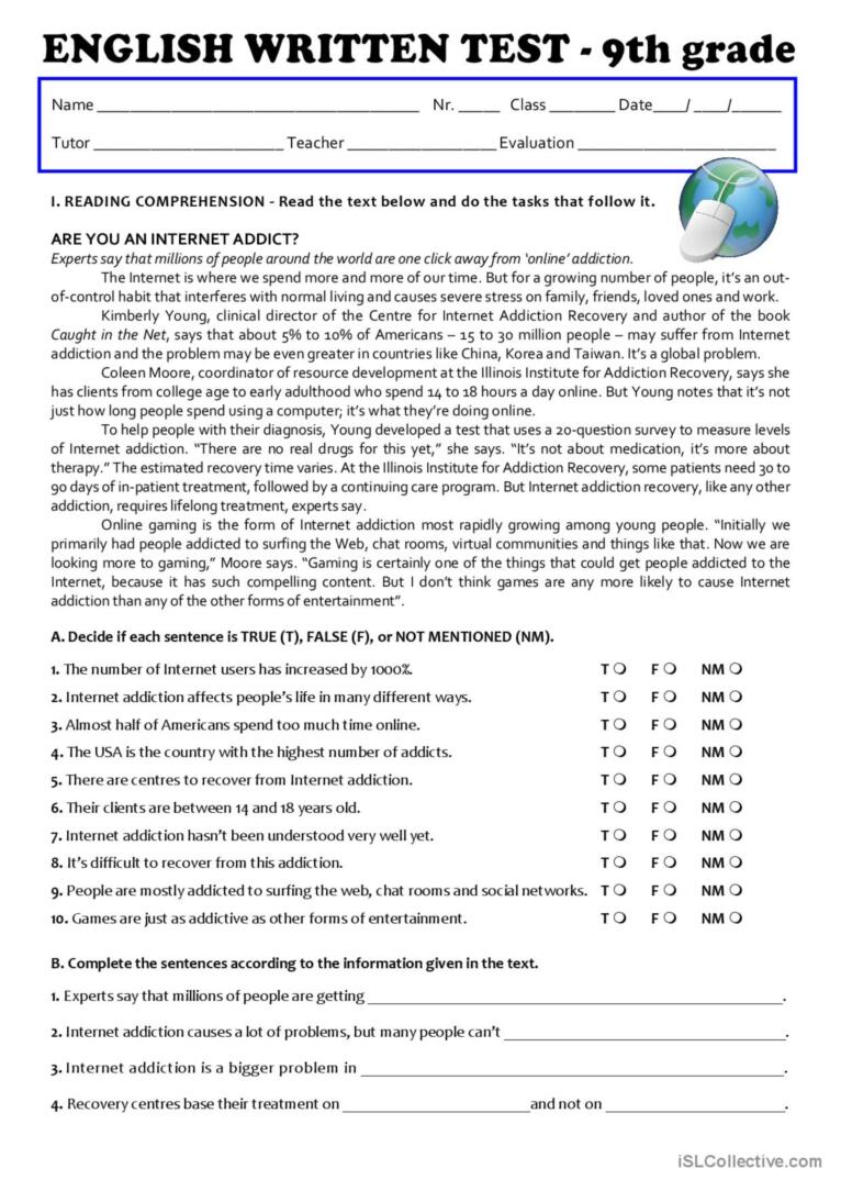 The Internet (Test 9th grade …: English ESL worksheets pdf &  doc
