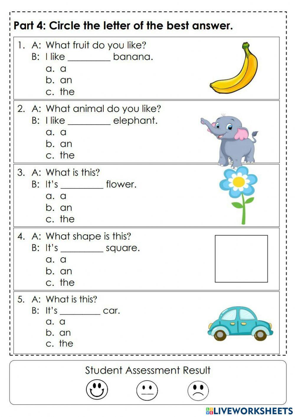 Articles online exercise for Kindergarten 3 Live Worksheets