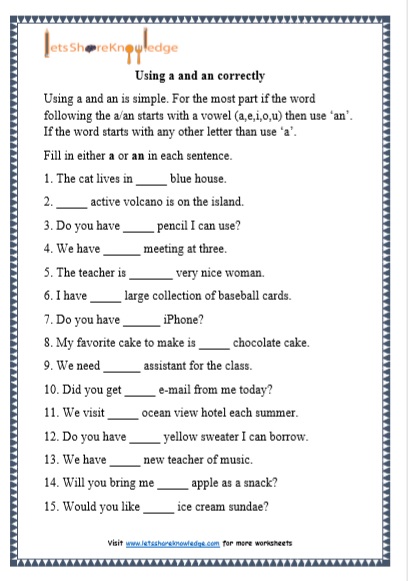 Grade 1 Grammar: A and An printable worksheets - Lets Share Knowledge