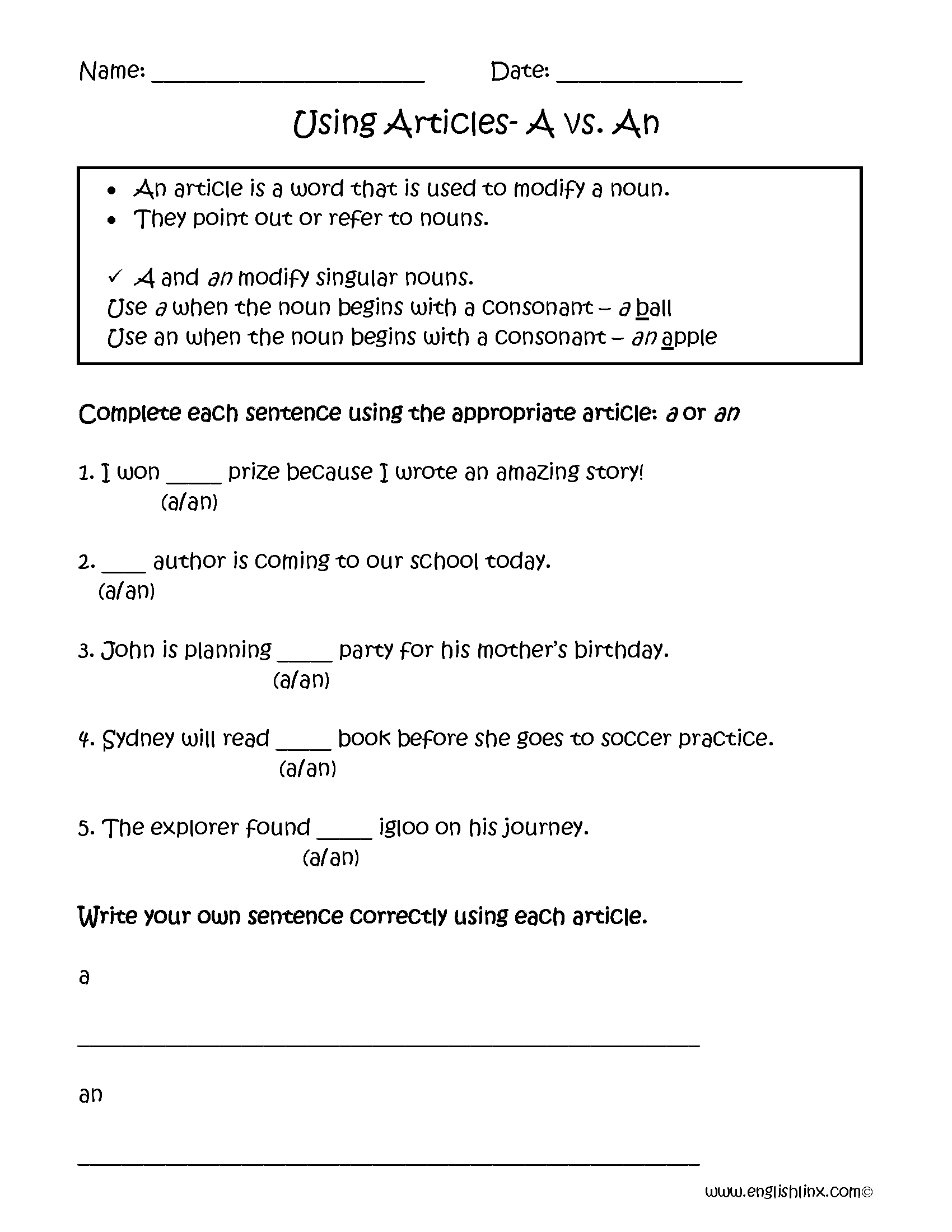 a and an worksheet