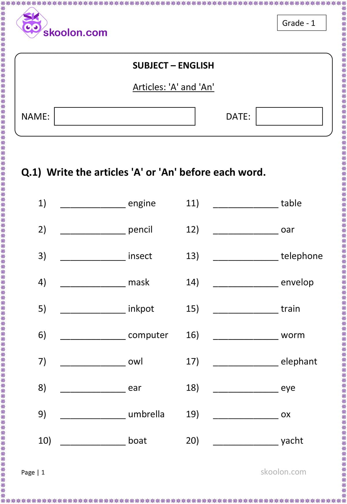 Articles A and An - skoolon.com